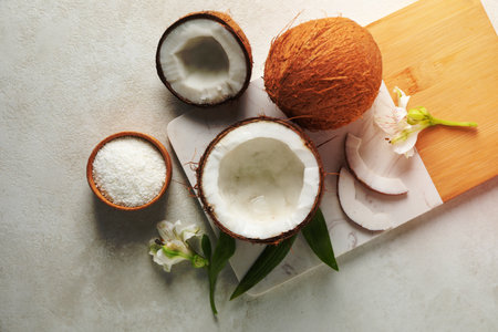 Composition for summer concept with coconut, top viewの写真素材