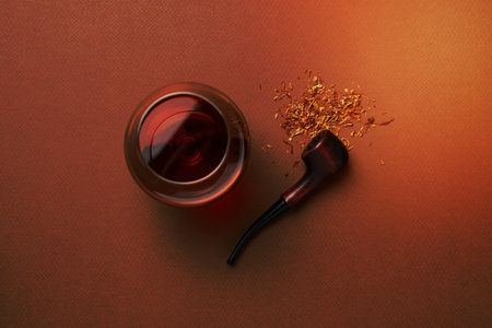 Concept of relaxing, smoking pipe, top viewの写真素材