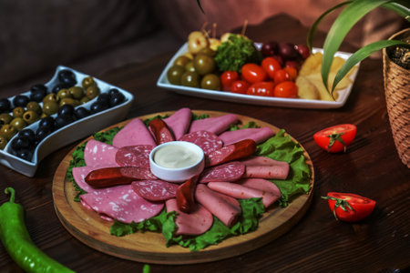cold cuts and pickles sausages ham olives tomato cucumber side viewの写真素材