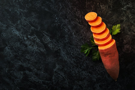 Concept of vegetables, sweet potato, space for text
