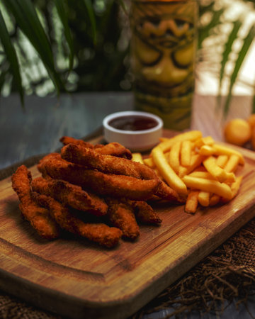 side view of fried breaded chicken breast strips with ketchup and french fries on a wooden boardの写真素材