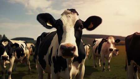Cows graze in the meadow, created with Generative AI technology