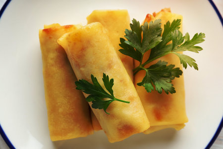Concept of tasty food, thin pancakes with filling