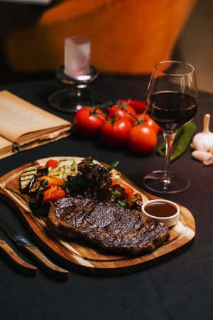 side view steak with grilled vegetables with sauce and a glass of red wineの写真素材