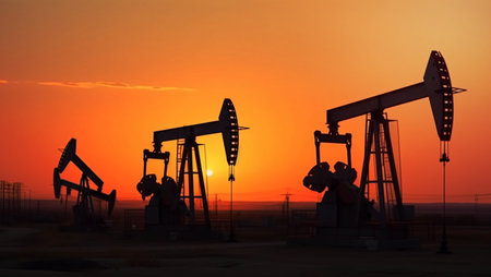Oil rigs in sunset, created with Generative AI technologyの写真素材