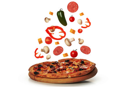 Tasty pizza and ingredients isolated on white backgroundの写真素材