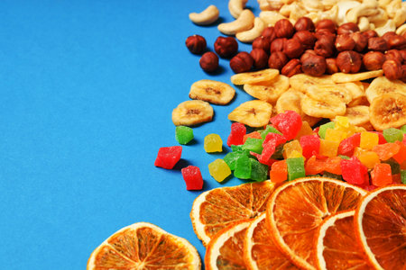 Tasty food concept - delicious dried fruits, space for textの写真素材