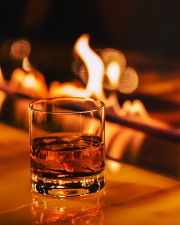 side view whiskey with ice cubes