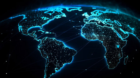 Global network connection. Fiberoptic, Digital link technology, Big data, Financial banking, Science communication. Sci-Fi concept. Generative AIの写真素材