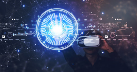 Businessman wearing VR glasses with interface in virtual cyberspace. Global in metaverse and internet connection. Manage files and document management system on database. Futuristic lifestyle.の写真素材