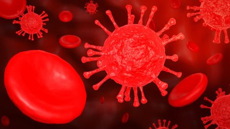 COVID-19 and Red blood cells. Microscope of Coronavirus disease. Pandemic medical concept. 3D rendering illustration.の写真素材