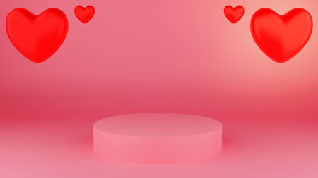 Circle podium pink pastel color with red heart. Valentine's day concept. Mock-up showcase for product. 3D Rendering illustrationの写真素材
