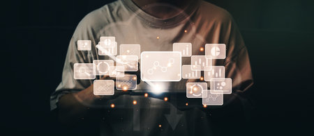 Cloud computing technology concept. Businessman search for information with hologram via tablet and smart pen. Planning and strategy concept. Success business concept.の写真素材