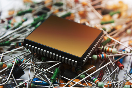 computer chip on the background of electronic componentsの写真素材