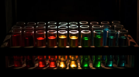 Different coloured Test tubes filled with chemicals sample for experimental in chemistry science laboratory. Glassware in medical research. Scientific lab for Biotechnology. Generative AIの写真素材
