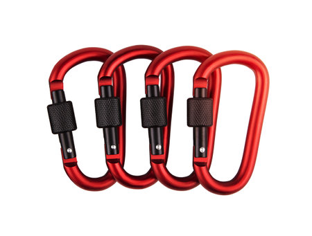 mountaineering carabiner closeup, isolated on whiteの写真素材