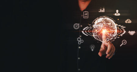 Hand of Businessman touch virtual global with hologram using metaverse and internet connection....