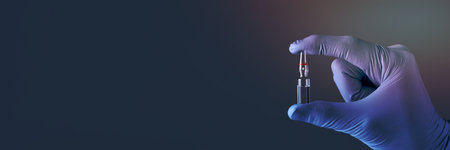 Horizontal banner of hand in medical glove holding ampoule. Concept of medical help.