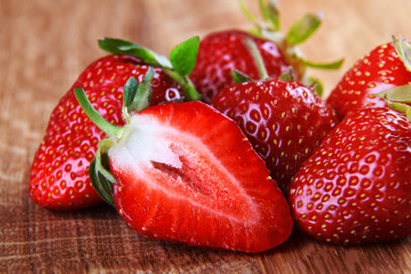 Strawberry close-up on chopping boardの写真素材