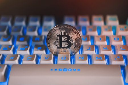 Silver bitcoin on a white keyboard with blue light or RGB keyboard and orange light flare. Cryptocurrency virtual money. Blockchain technology concept.の写真素材
