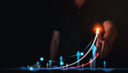 Success business concept. Businessman hand touch hologram of Stock chart or Cryptocurrency chart. Statistics graph and char growing graph of Planning and strategy concept.の写真素材