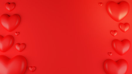 Top view of Red heart with frame on red background. Valentine's day concept. 3D Rendering illustration.の写真素材