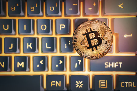 Top view of Gold bitcoin on a white keyboard with yellow light or RGB keyboard. Cryptocurrency virtual money. Blockchain technology concept.の写真素材