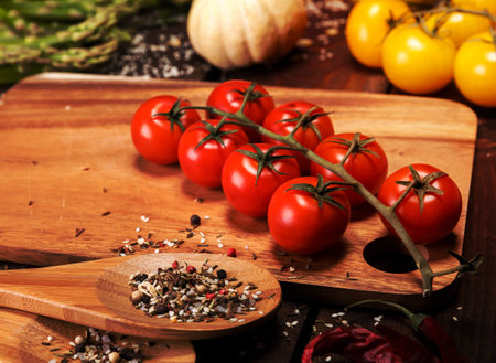 Composition with raw vegetables and spicesの写真素材