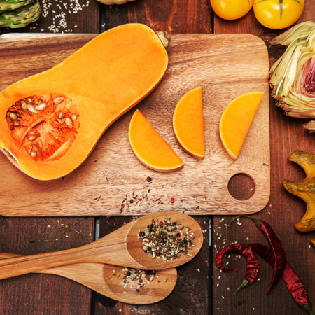 Composition with raw vegetables and spicesの写真素材