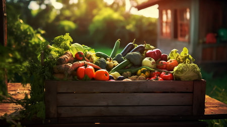 Fresh organic vegetables in wooden box with sunlight at farm. Generative AIの写真素材