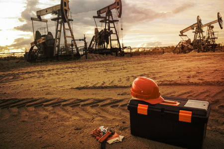 Equipment and tool box on a industrial site background. Oil and gas industry. Small depth of field. Toned.の写真素材