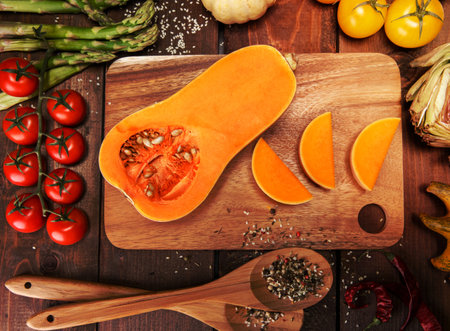 Composition with raw vegetables and spicesの写真素材