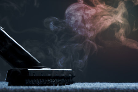 Horizontal shot of steam close-up. Steam carpet cleaning on a grey background. Photo with copy space.の写真素材