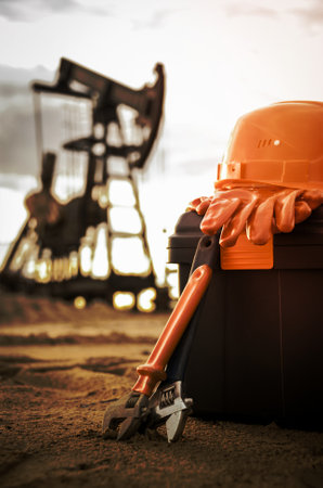 Equipment and tool box on a industrial site background. Oil and gas industry. Small depth of field. Toned.の写真素材