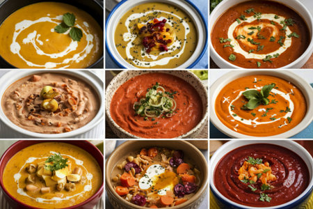 A photo of a grid layout of different bowls of soup.