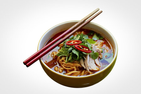 A photo of a bowl of vibrant noodle soup
