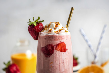 A vibrant photograph showcases a refreshing summer strawberry frappe