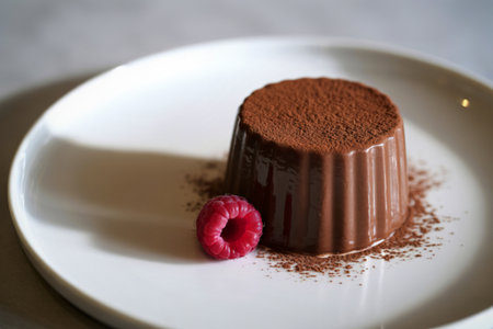 a plate with a soft-focus chocolate panna cotta dessert
