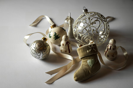 A still life photograph of intricately handcrafted Christmas decorations