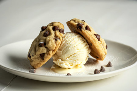 a chocolate chip cookies perfectly sandwiching a generous scoop of vanilla bean ice cream