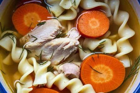 A close-up photograph of homemade chicken noodle soupの写真素材