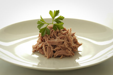 a white plate displaying a neatly arranged mound of shredded tuna