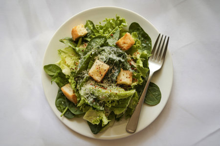 A photo of a white plate with a fresh green salad.の写真素材