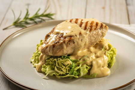 a perfectly cooked chicken breastの写真素材