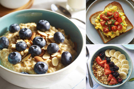 a curated food collage showcasing healthy breakfast optionsの写真素材