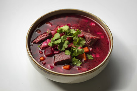 A photograph of a ceramic bowl filled with vibrant red Beet Soup