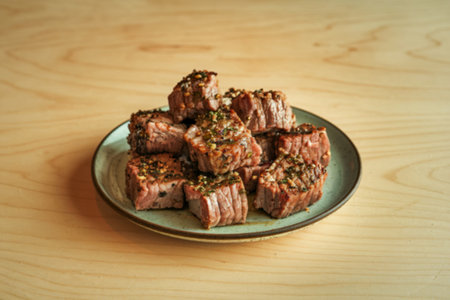 small chunks of meat on a plate.の写真素材