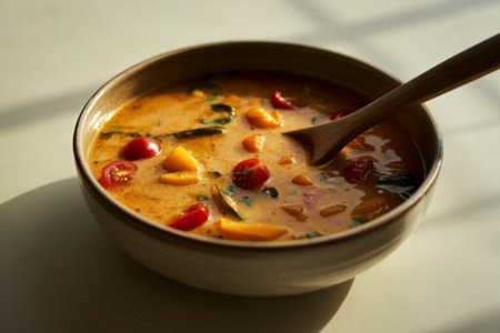 A photograph of a ceramic bowl filled with a vibrant, creamy vegetable stew.の写真素材