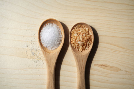 two wooden spoons with different types of salt.の写真素材
