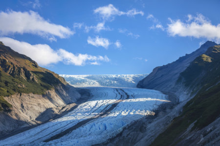 A photo of a glacier flowing between mountain slopes under a blue skyの写真素材